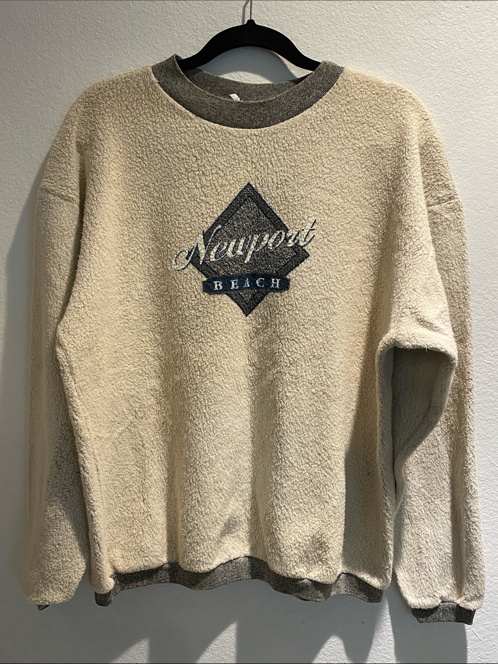 Vintage Cream Sherpa Crewneck with Gray Trim and Navy Newport Logo